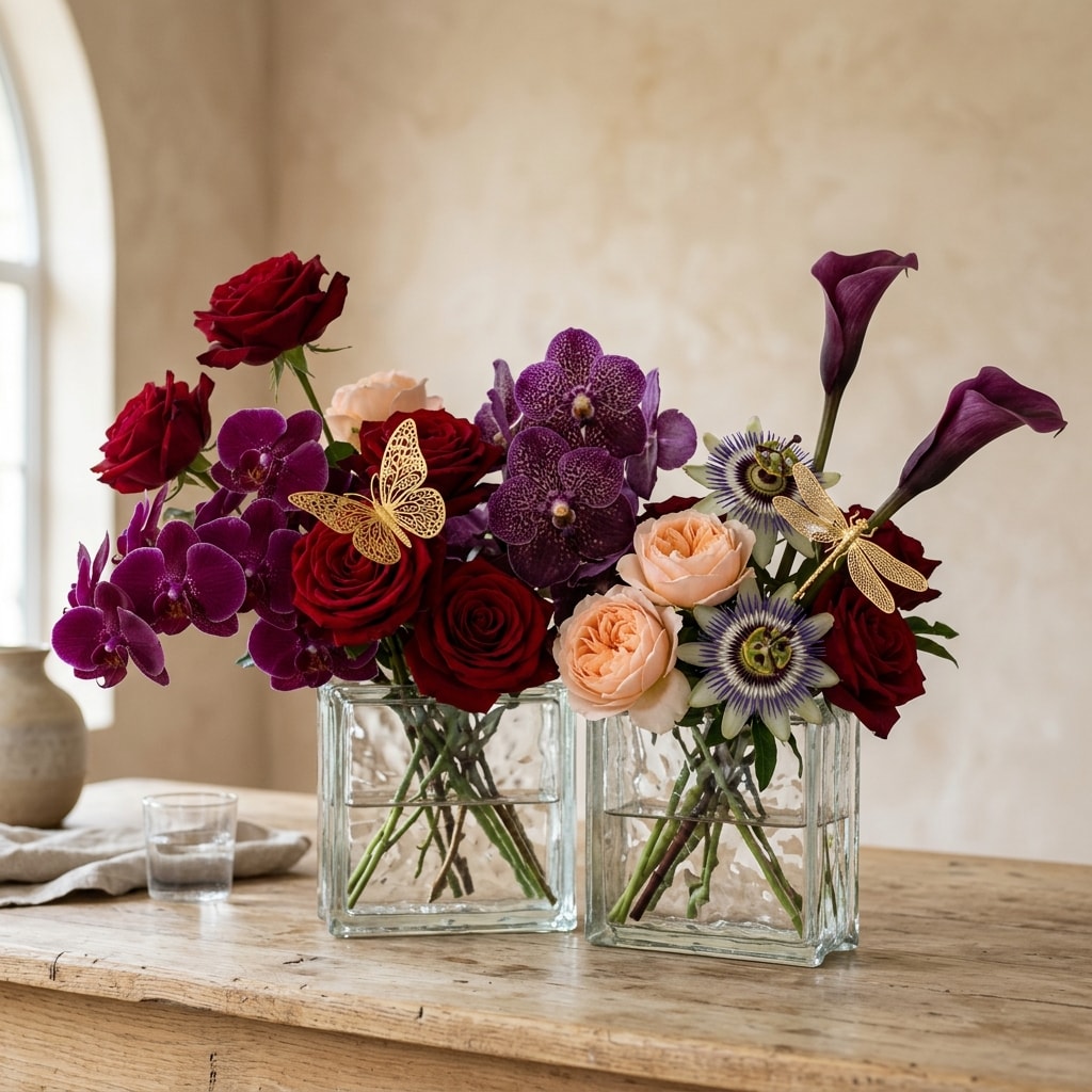 Premium editorial floral arrangement with red roses, orchids, and calla lilies in textured glass block vases